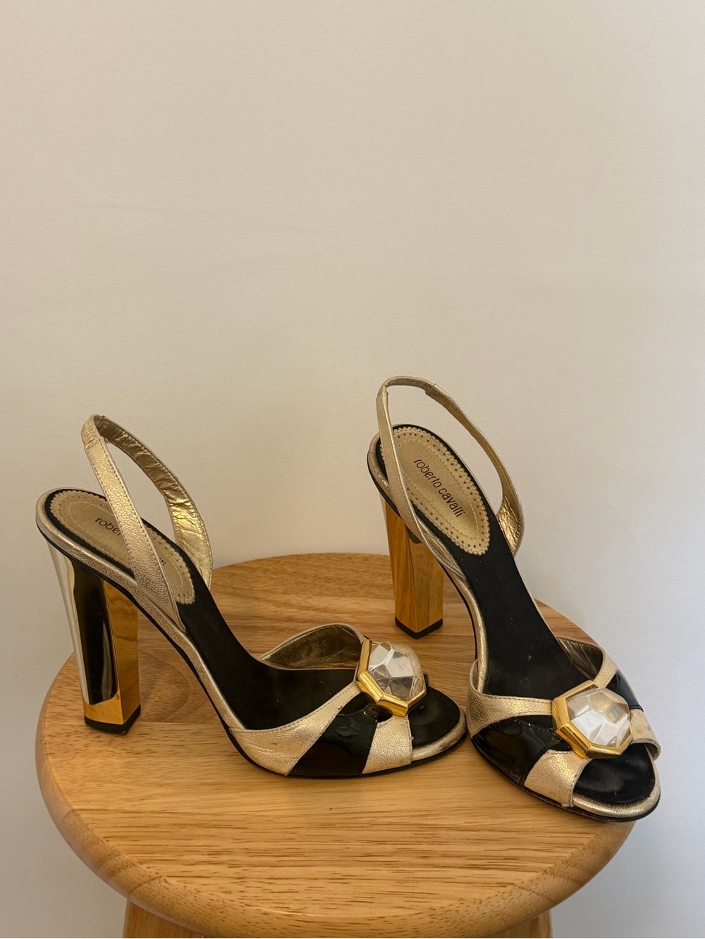 Roberto Cavalli Metallic Gold and Black Jewel Slingback Heels Women EU 37 US 7